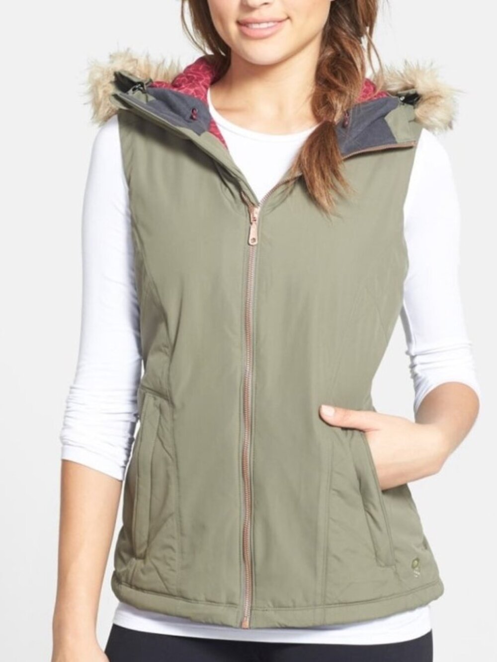Mountain Hardware Women's Green Potrero Faux Fur Trim Full Zip Puffer Vest Sz XS